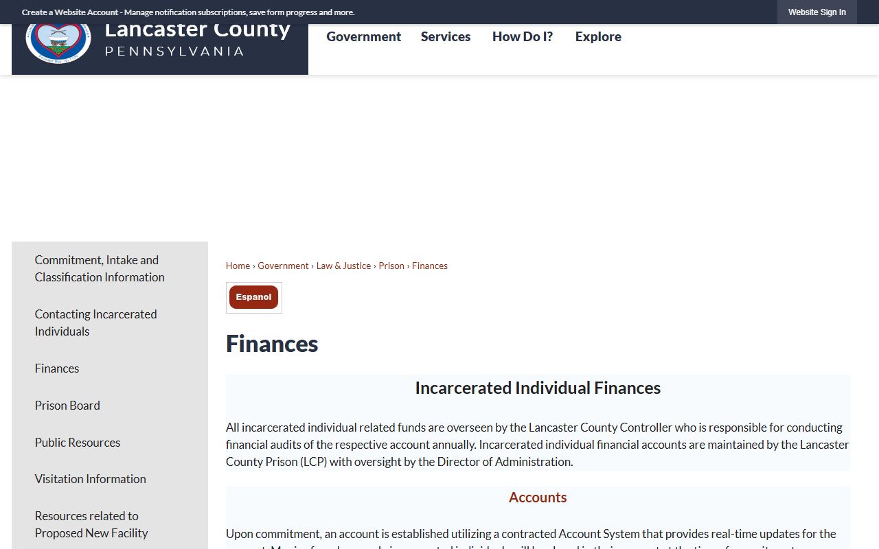 Lancaster County Prison inmate money deposits and commissary fees